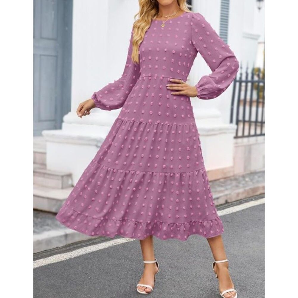 NEW Purple Swiss Dot Sz Small Long Sleeve Lined Tiered Flowy Midi Dress ZESICA